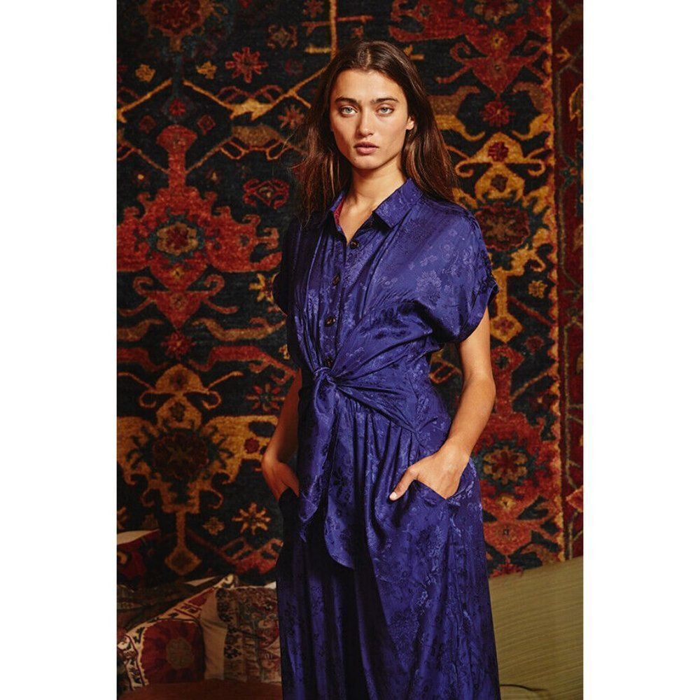 BUCKETLIST Clothing Women's Front Tie Button Down Jumpsuit Jacquard Navy IR5179 - Picture 9 of 9